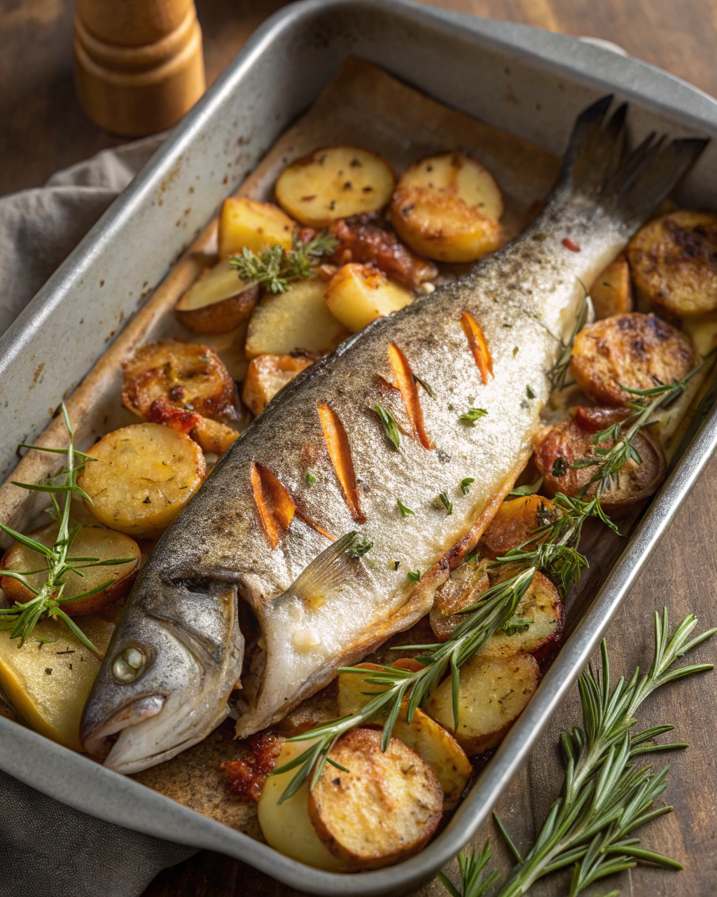 Branzino al Forno con Patate e Rosmarino