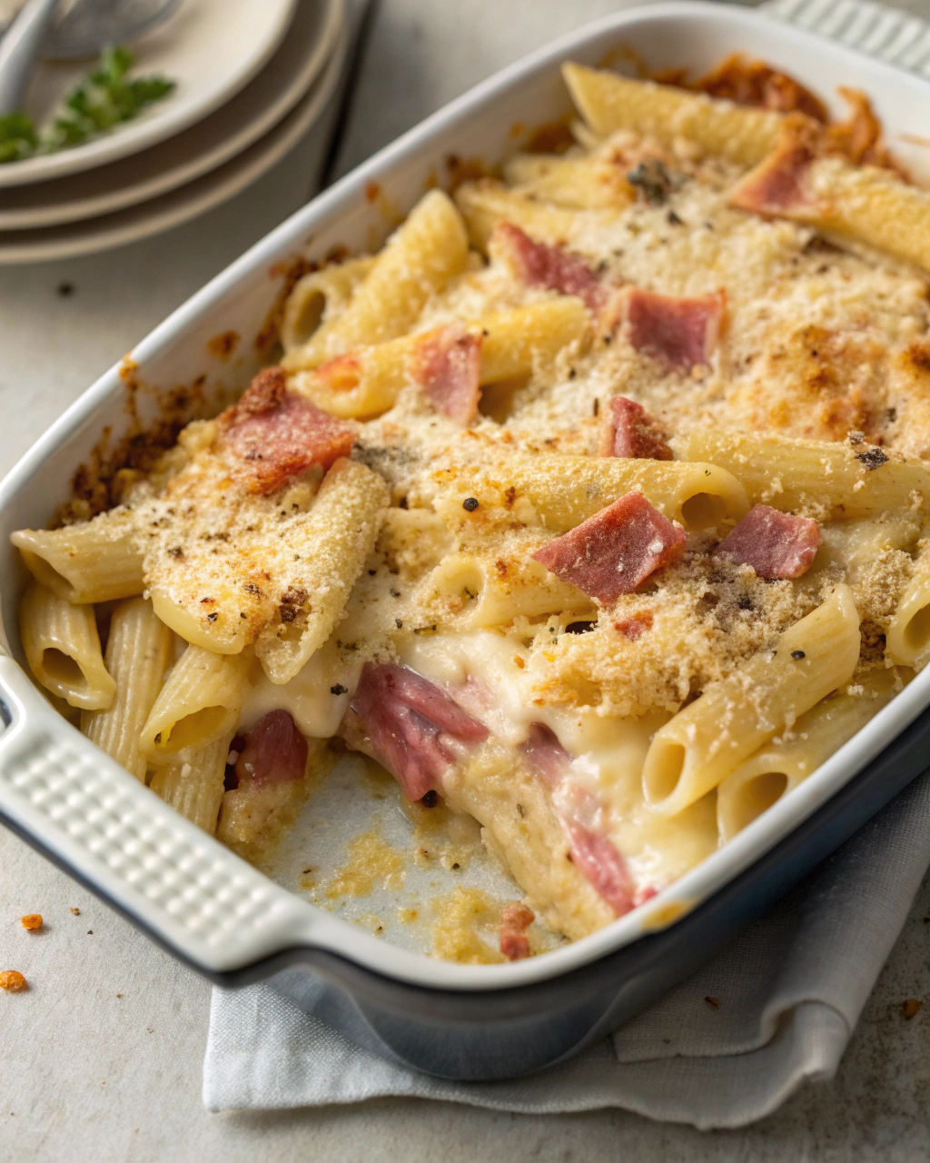 Pasta al gratin con prosciutto
