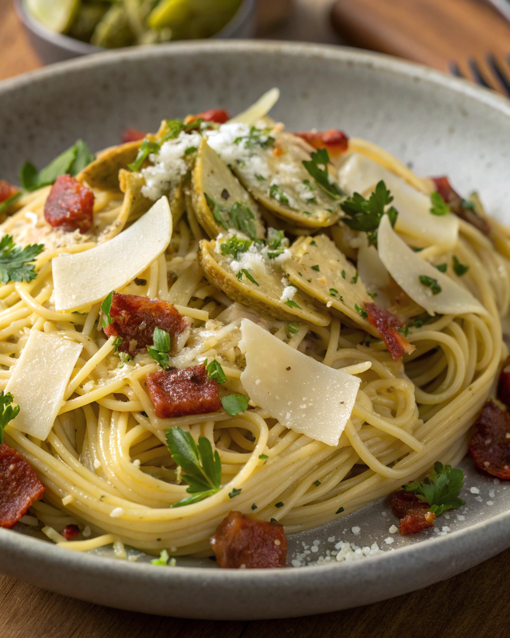 Pasta con carciofi e pancetta