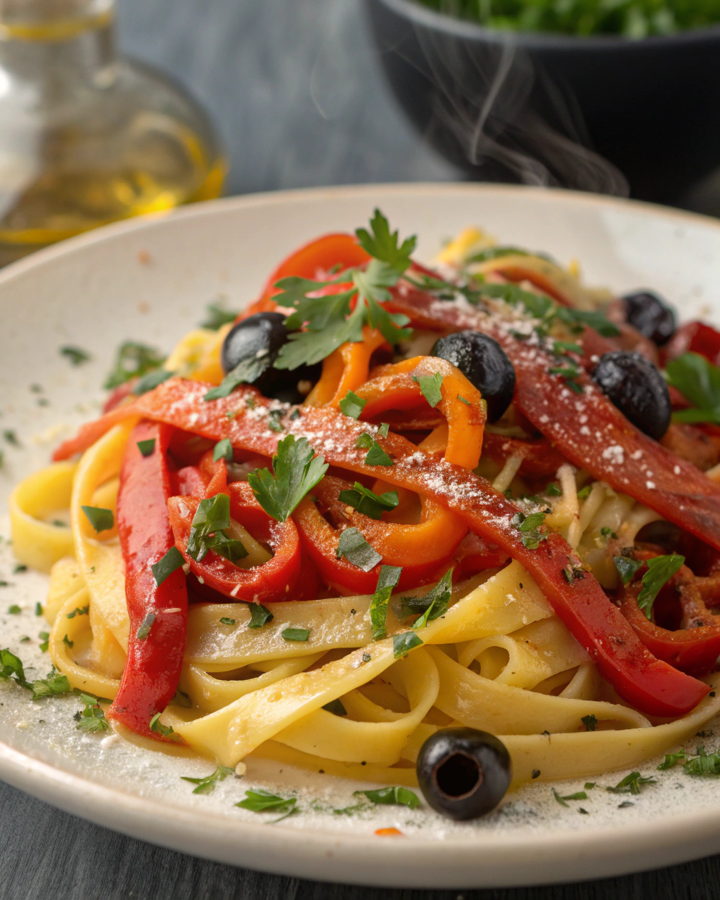 Pasta con peperoni e olive