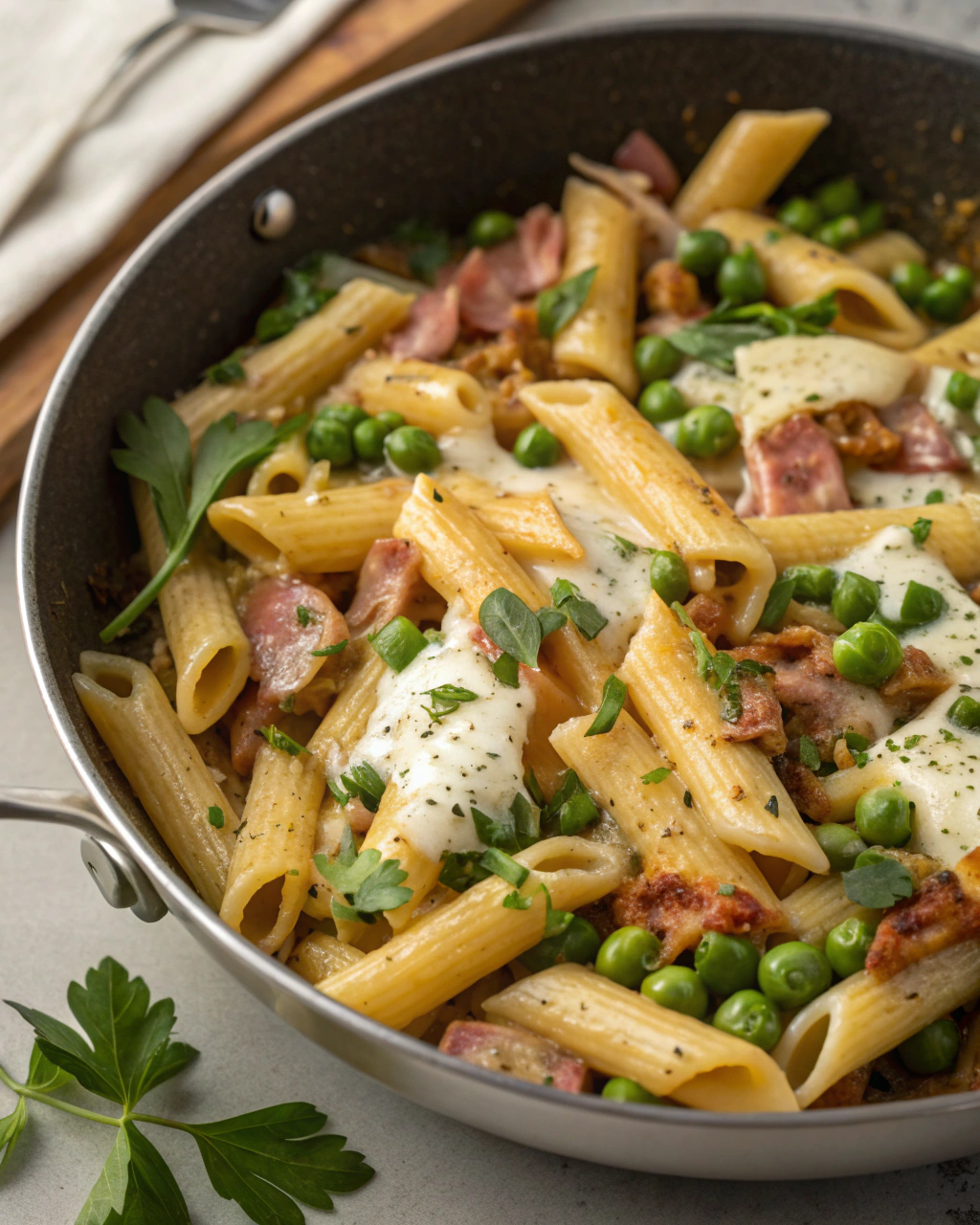 Pasta con piselli e pancetta