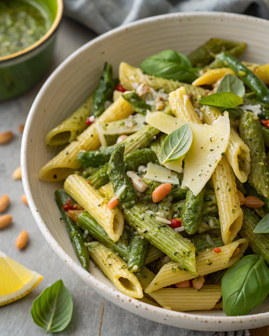 Pasta fredda con pesto e fagiolini