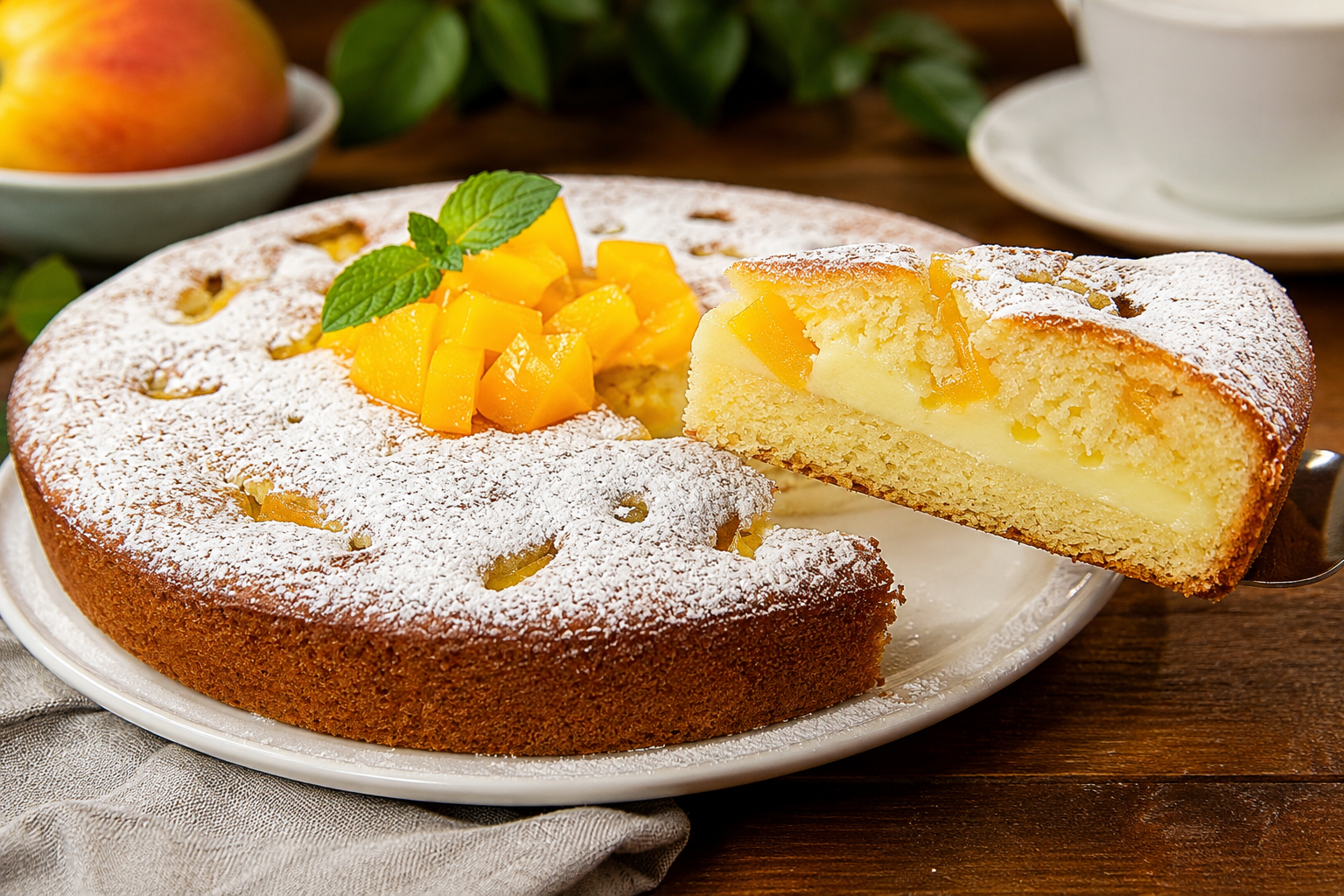 Torta versata con crema e pesche pronta in 20 minuti, si scioglie in bocca 😍 Descrizione La torta versata con crema e pesche è un dolce morbido e delicato, perfetto per l’estate o per una merenda golosa. La base soffice, preparata rapidamente, viene arricchita da una crema vellutata e da pesche fresche che donano freschezza e dolcezza naturale. Facile e veloce da realizzare, è ideale per chi desidera un dessert che si scioglie in bocca senza rinunciare al gusto. Informazioni Tempo di preparazione: 10 minuti Tempo di cottura: 10 minuti Numero di porzioni: 6-8 Difficoltà: Facile Ingredienti Per l'impasto 150 g di farina 00 120 g di zucchero semolato 3 uova medie 80 ml di latte intero 50 ml di olio di semi 1 bustina di lievito per dolci (circa 16 g) 1 cucchiaino di estratto di vaniglia un pizzico di sale Per la crema 250 ml di latte intero 2 tuorli d’uovo 40 g di zucchero 20 g di amido di mais (maizena) 1 cucchiaino di estratto di vaniglia Per la guarnizione 2-3 pesche mature Zucchero a velo q.b. Preparazione Inizia preparando la crema: scalda il latte insieme alla vaniglia in un pentolino senza farlo bollire. In una ciotola, sbatti i tuorli con lo zucchero e l'amido di mais fino a ottenere un composto chiaro e omogeneo. Versa lentamente il latte caldo sul composto di uova mescolando continuamente, poi riporta il tutto nel pentolino e cuoci a fuoco basso finché la crema si addensa. Lascia raffreddare coperta con pellicola a contatto. In una ciotola capiente, monta le uova con lo zucchero fino a ottenere un composto chiaro e spumoso. Aggiungi l’olio e il latte, incorpora la farina setacciata insieme al lievito e un pizzico di sale, mescolando delicatamente per non smontare il composto. Versa metà dell’impasto in una teglia da 22-24 cm di diametro, rivestita con carta forno oppure leggermente oliata e infarinata. Distribuisci uniformemente uno strato di crema ormai tiepida o fredda. Pela le pesche, tagliale a fette sottili e disponile a raggiera sulla crema, premendo leggermente. Copri con il restante impasto versandolo delicatamente sopra le pesche, cercando di coprirle bene senza mescolare. Cuoci in forno preriscaldato a 180°C, modalità statico, per circa 10 minuti o finché la superficie è dorata e la torta cotta al centro (verifica con uno stecchino). Lascia intiepidire, spolvera con zucchero a velo e servi. Consigli Per un risultato ancora più soffice, monta bene le uova con lo zucchero fino a triplicarne il volume. Puoi sostituire le pesche fresche con altre frutta di stagione, come albicocche o mele sottilmente affettate. Copri la crema con pellicola a contatto durante il raffreddamento per evitare che si formi la crosticina. Se preferisci, usa latte parzialmente scremato ma la crema risulterà meno vellutata. Servizio Servi la torta versata con crema e pesche tiepida o a temperatura ambiente, magari accompagnata da un tè freddo o un caffè leggero. È perfetta per la merenda, una festa in famiglia o un fine pasto estivo leggero e rinfrescante. Conserva la torta in frigorifero se servita fredda, ma ricordati di tirarla fuori almeno 15 minuti prima di gustarla per esaltarne la morbidezza.