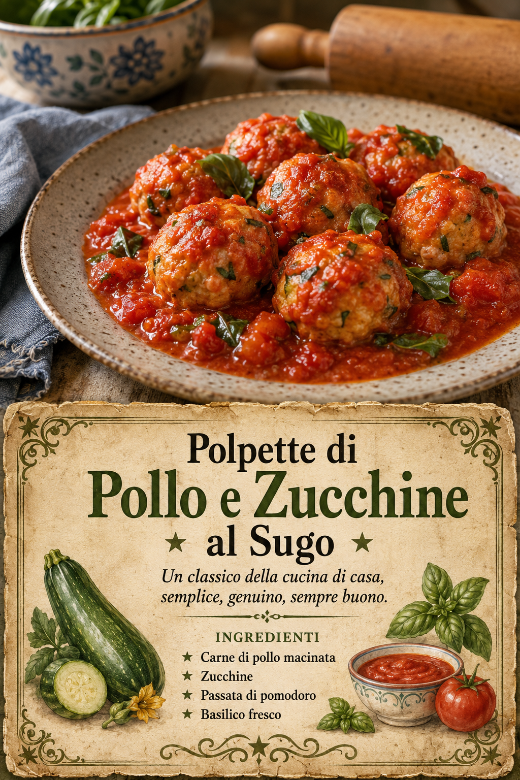 Carne di pollo macinata Zucchine Passata di pomodoro Basilico fresco