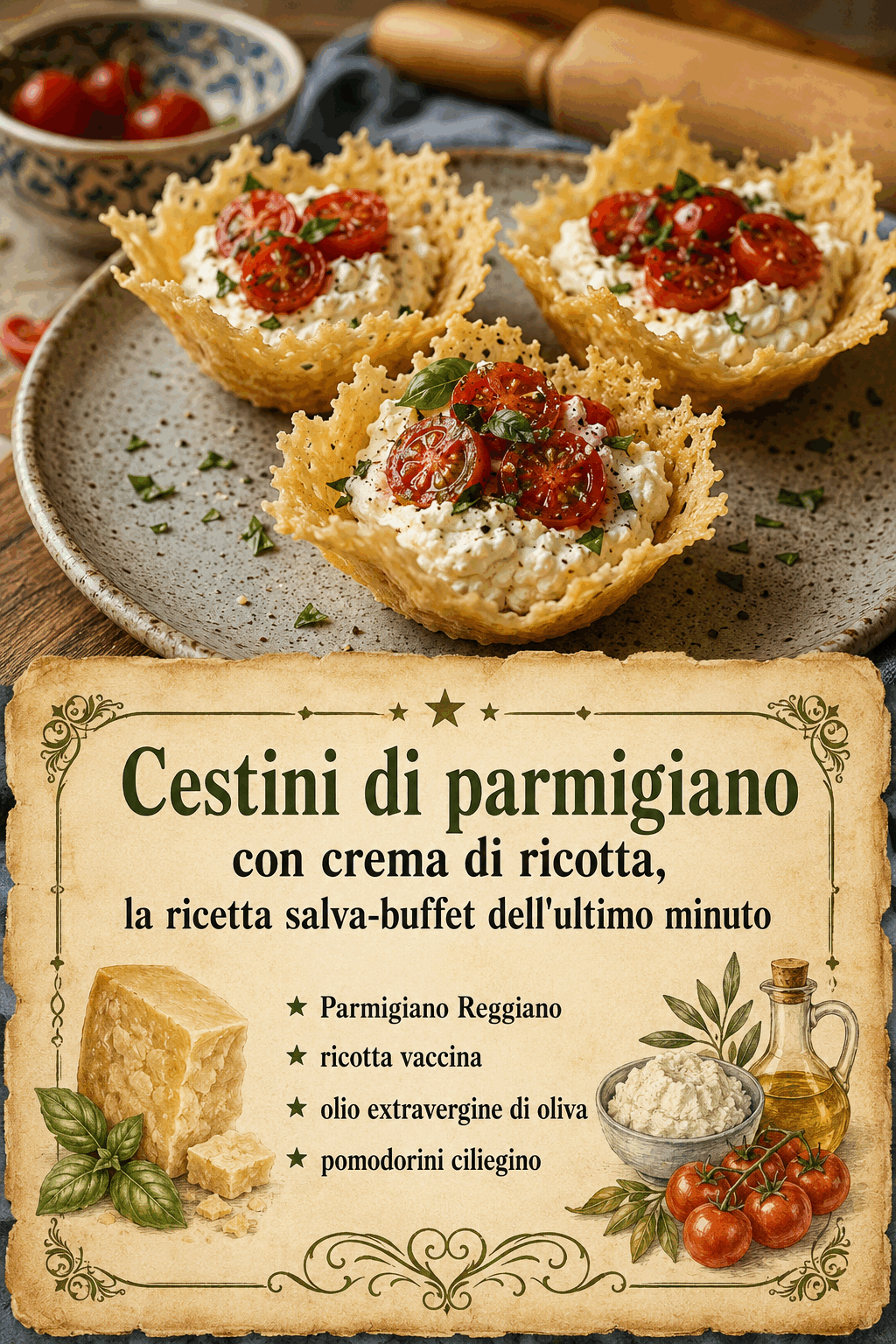 Cestini di parmigiano con crema di ricotta, la ricetta salva-buffet dell’ultimo minuto