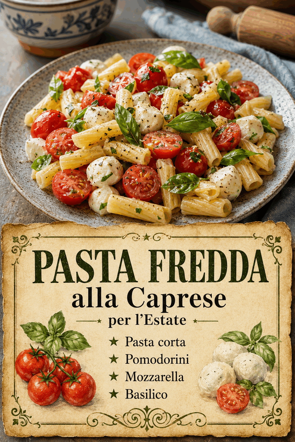 - Pasta corta - Pomodorini - Mozzarella - Basilico