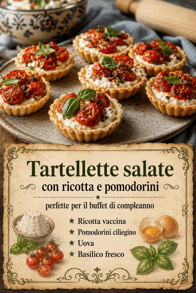 Tartellette salate con ricotta e pomodorini per un buffet di compleanno da venti persone