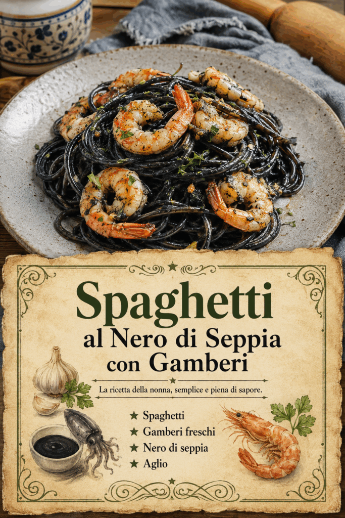 Spaghetti al Nero di Seppia con Gamberi