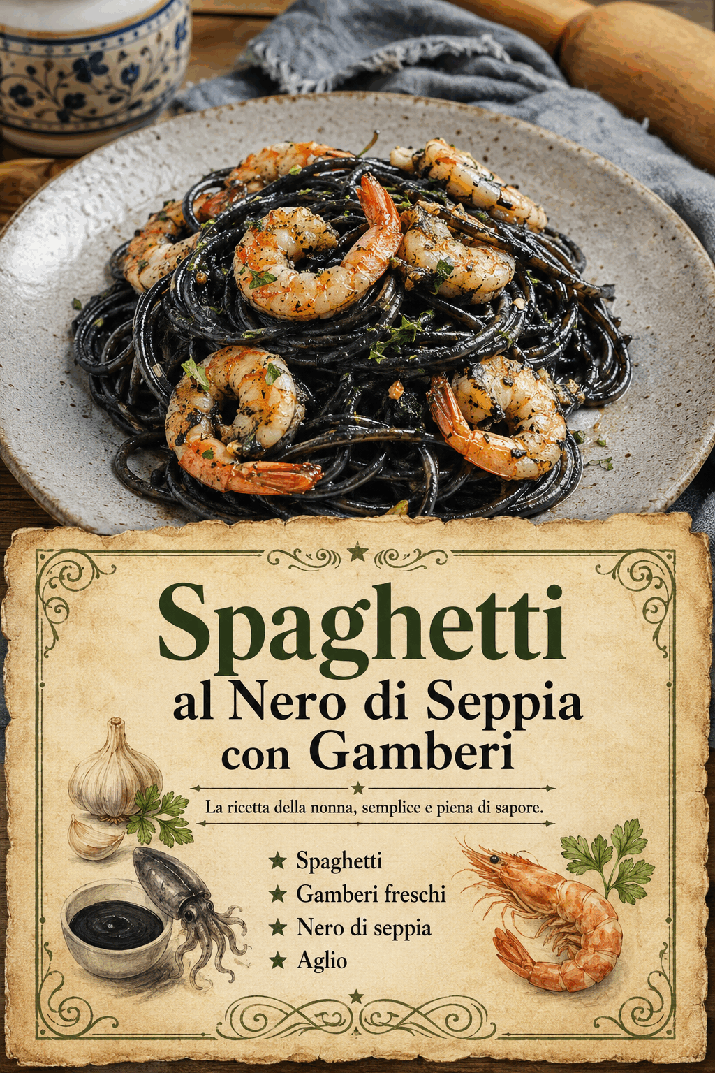 Spaghetti al Nero di Seppia con Gamberi