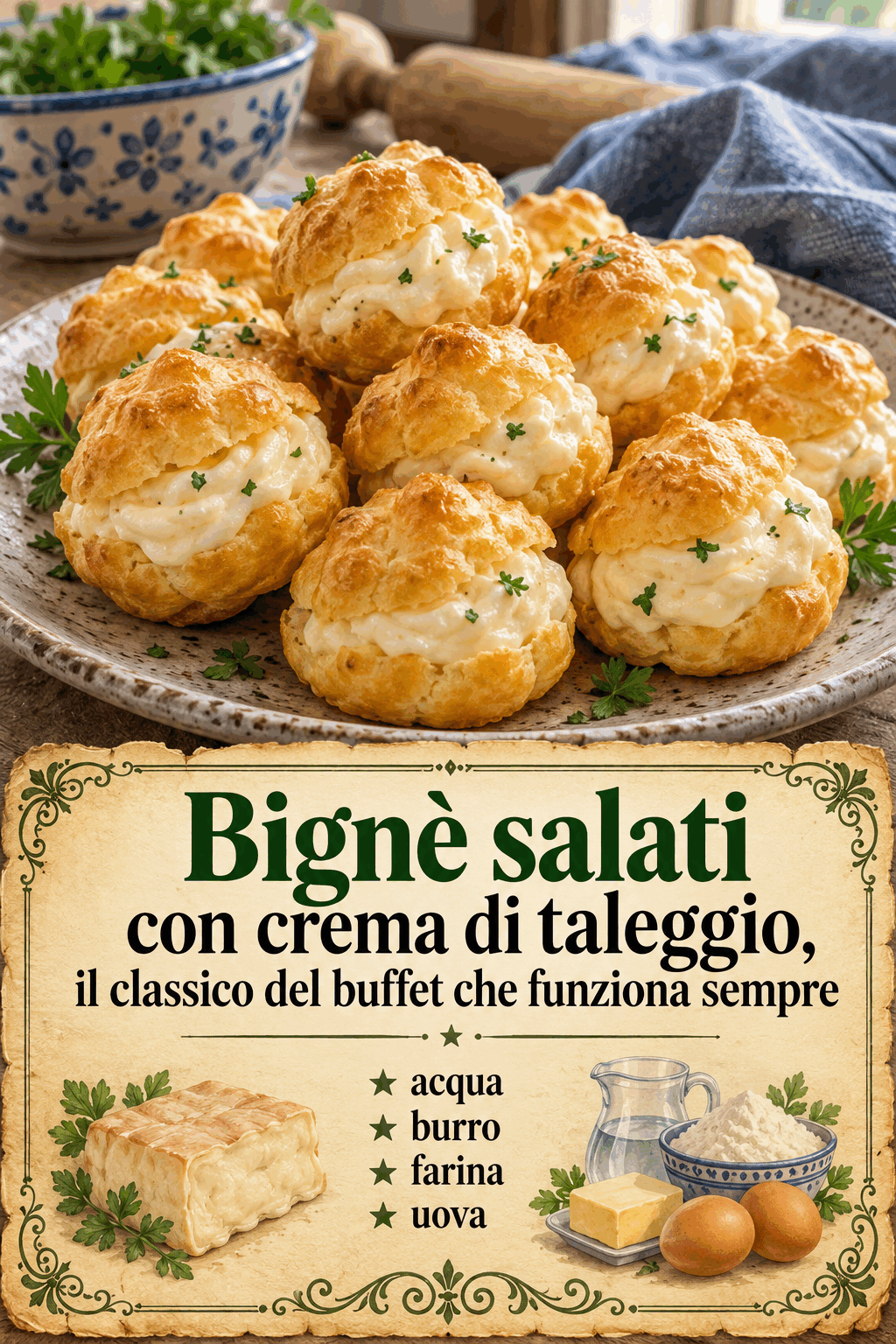 Bignè salati con crema di taleggio, il classico del buffet che funziona sempre
