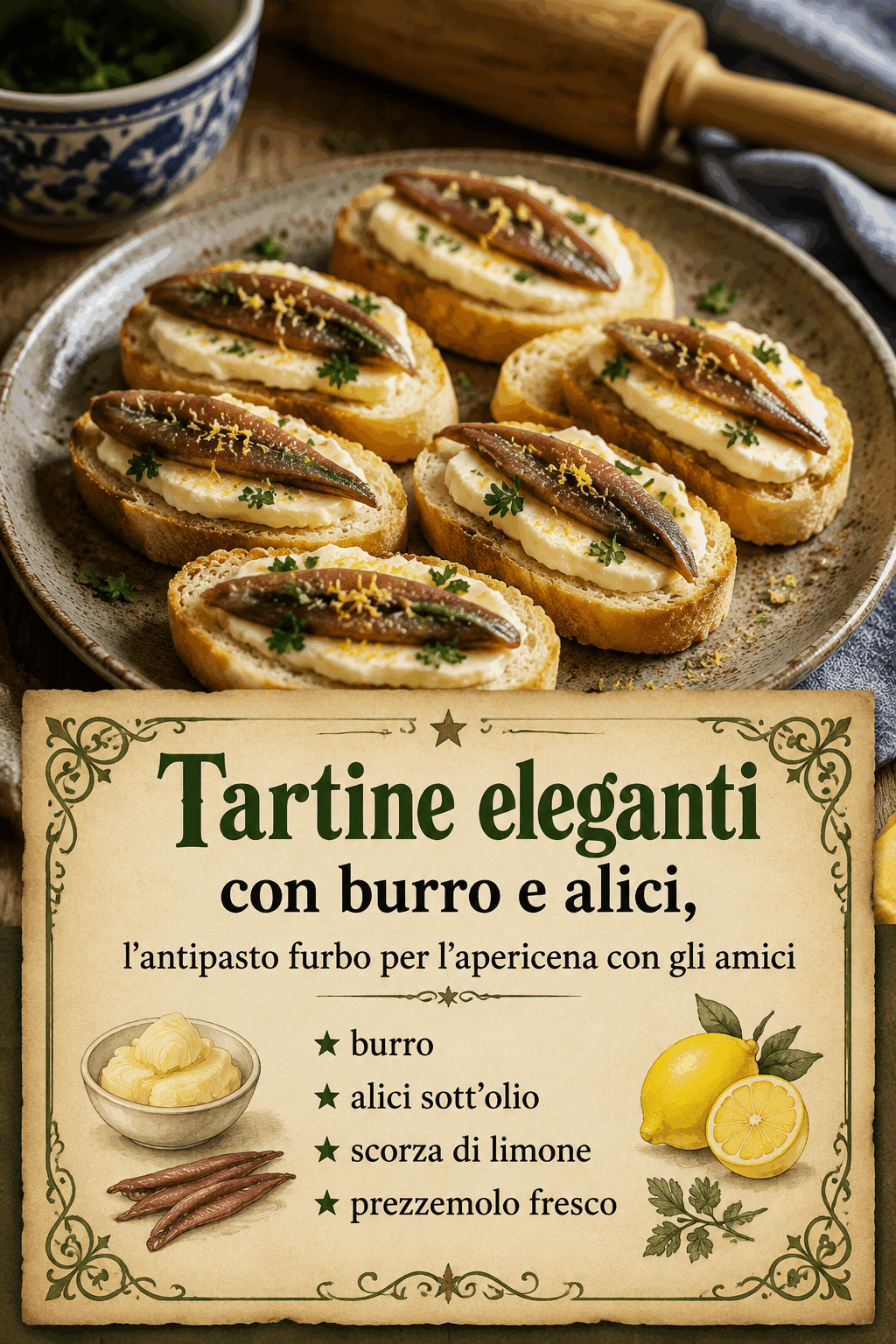 Tartine eleganti con burro e alici, l’antipasto furbo per l’apericena con gli amici