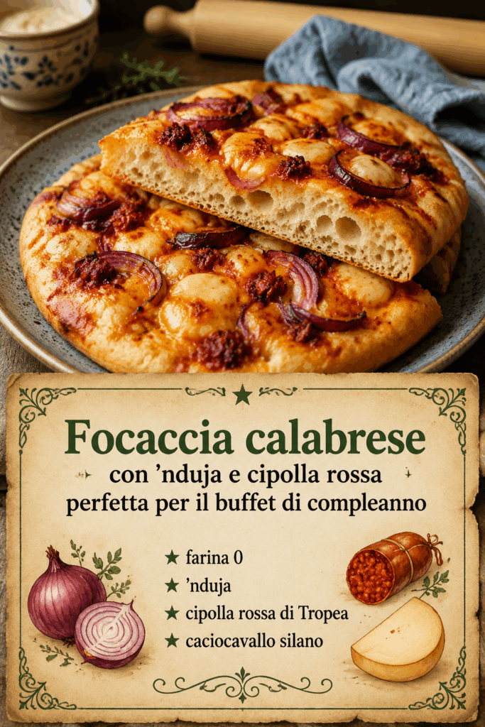 Focaccia calabrese con ‘nduja e cipolla rossa perfetta per il buffet di compleanno