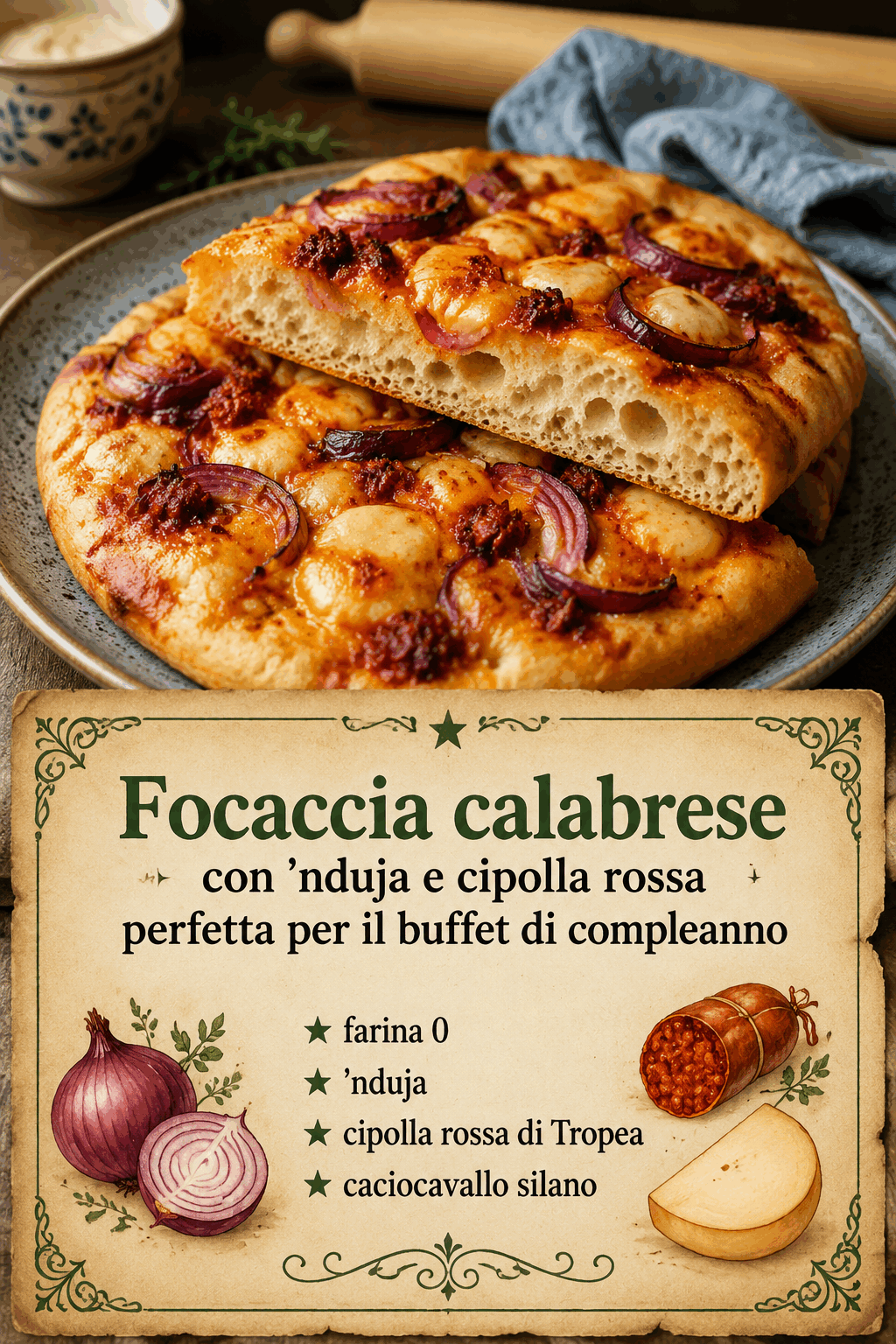 Focaccia calabrese con ‘nduja e cipolla rossa perfetta per il buffet di compleanno