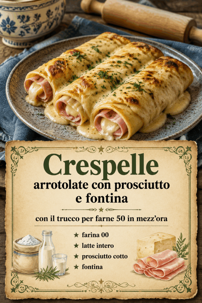 Crespelle arrotolate con prosciutto e fontina in teglia: 50 rotolini senza ore in padella