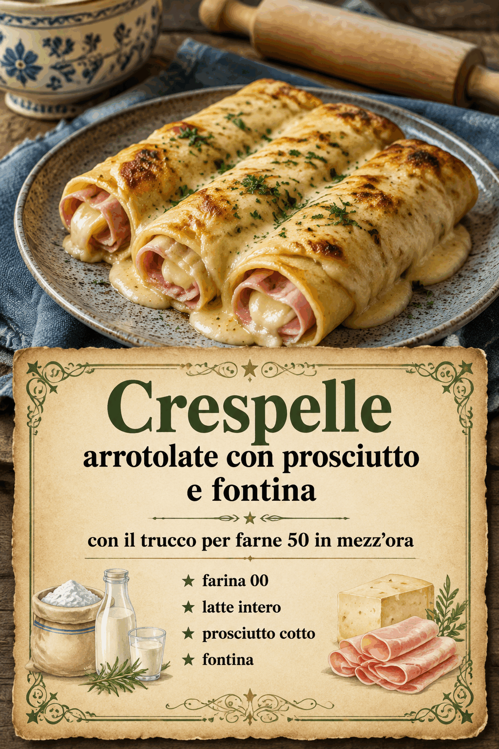 Crespelle arrotolate con prosciutto e fontina in teglia: 50 rotolini senza ore in padella