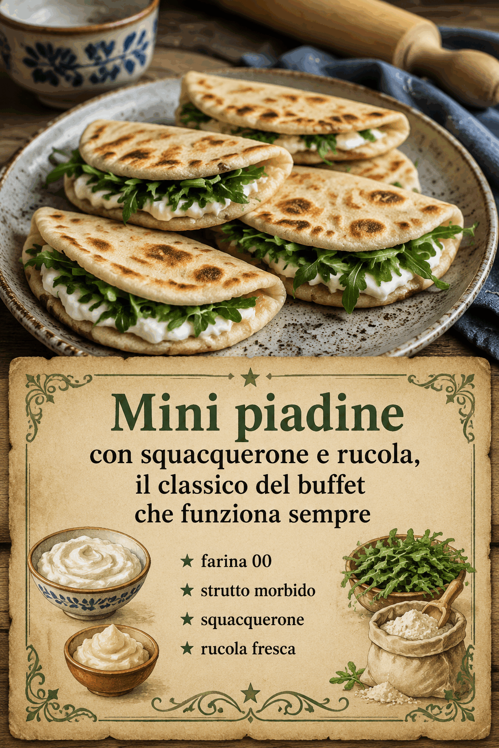Mini piadine con squacquerone e rucola, il classico del buffet che funziona sempre