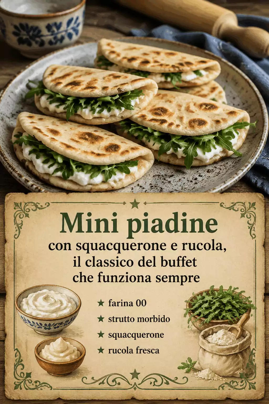 Mini piadine con squacquerone e rucola, il classico del buffet che funziona sempre