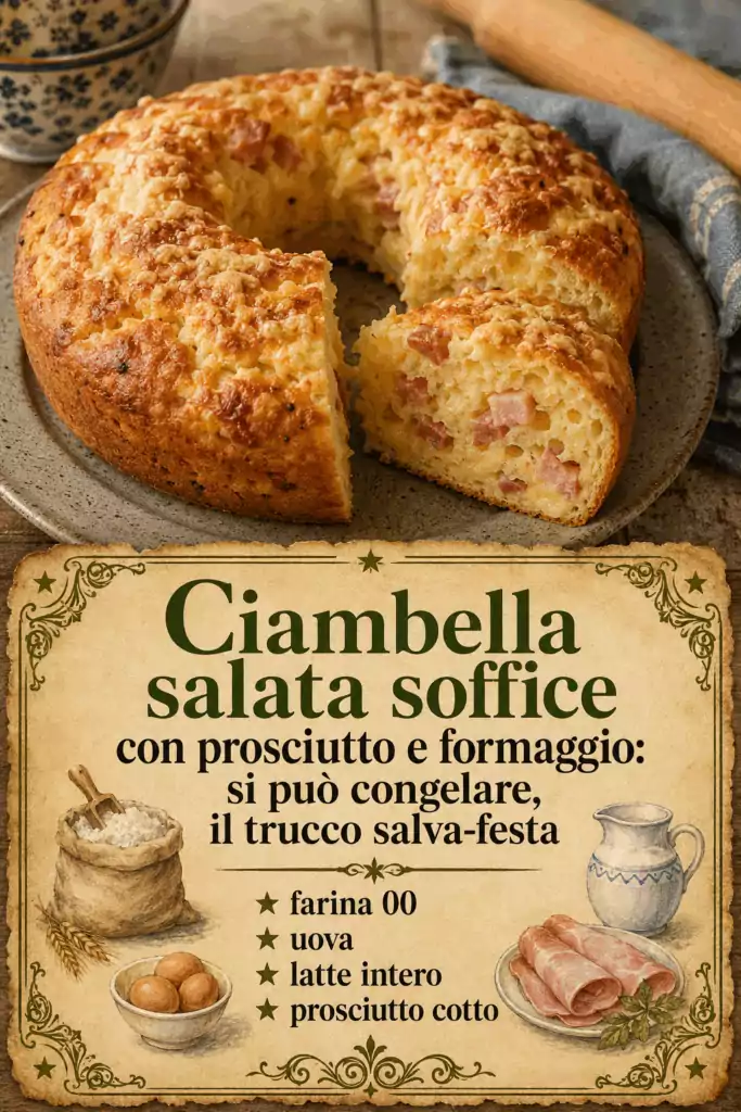 Ciambella salata con prosciutto e formaggio da congelare a fette, pronta all’ultimo momento