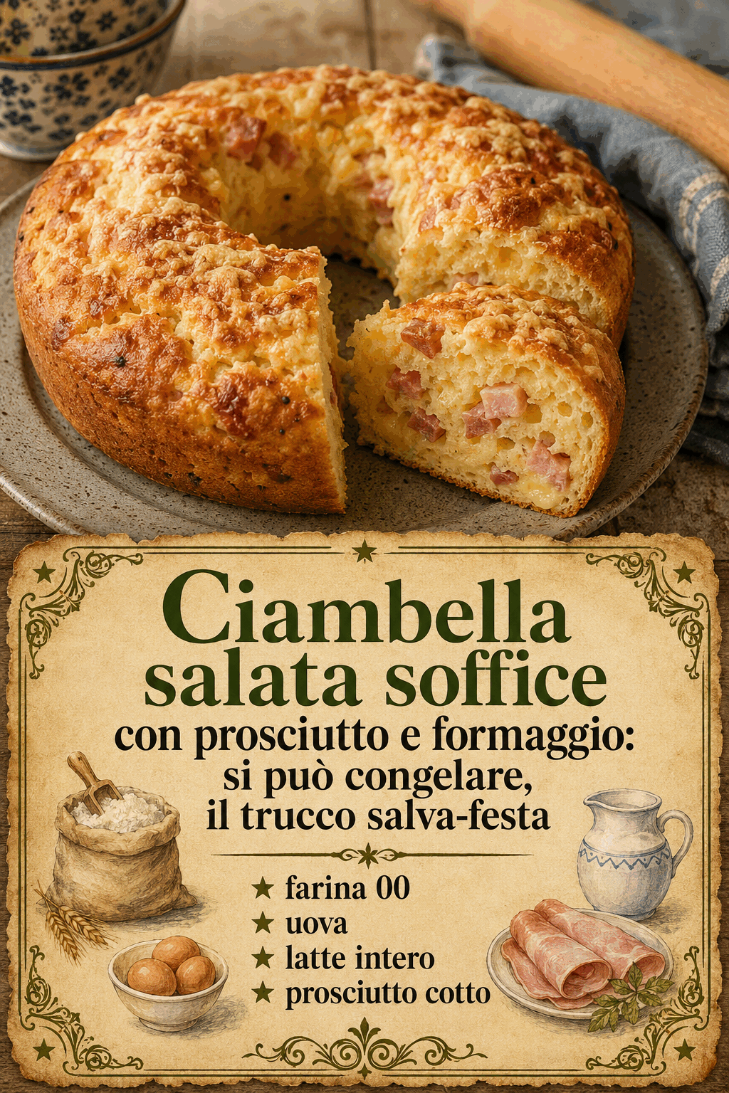 Ciambella salata con prosciutto e formaggio da congelare a fette, pronta all’ultimo momento