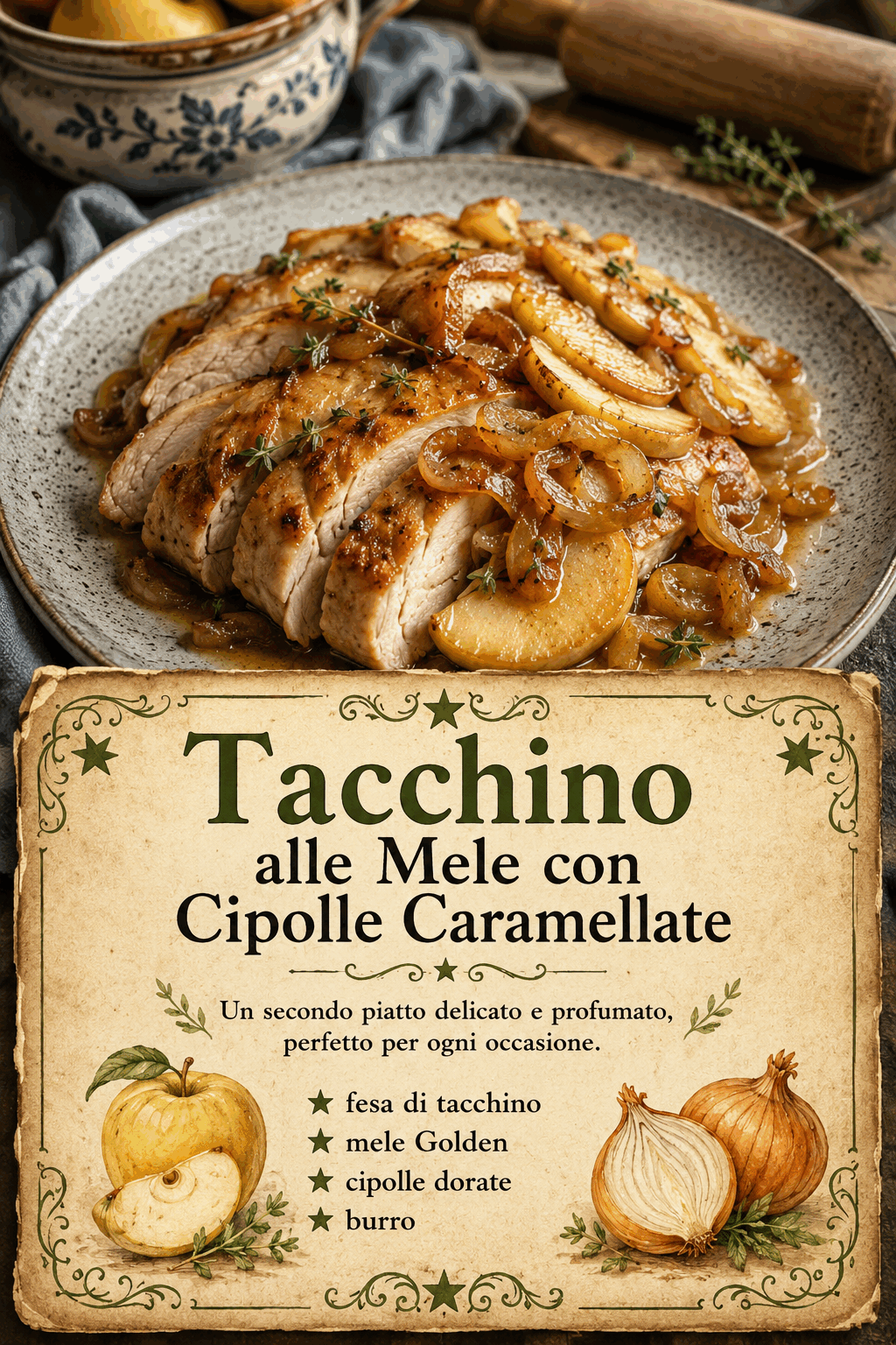 - fesa di tacchino - mele Golden - cipolle dorate - burro
