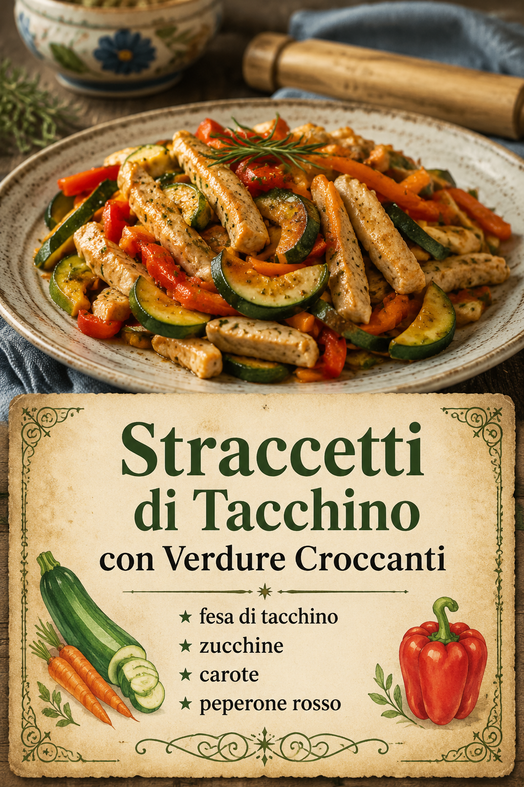 fesa di tacchino, zucchine, carote, peperone rosso