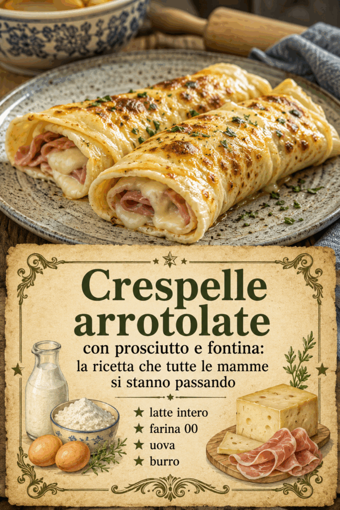 Crespelle arrotolate con prosciutto e fontina gratinate al forno, il primo piatto della domenica