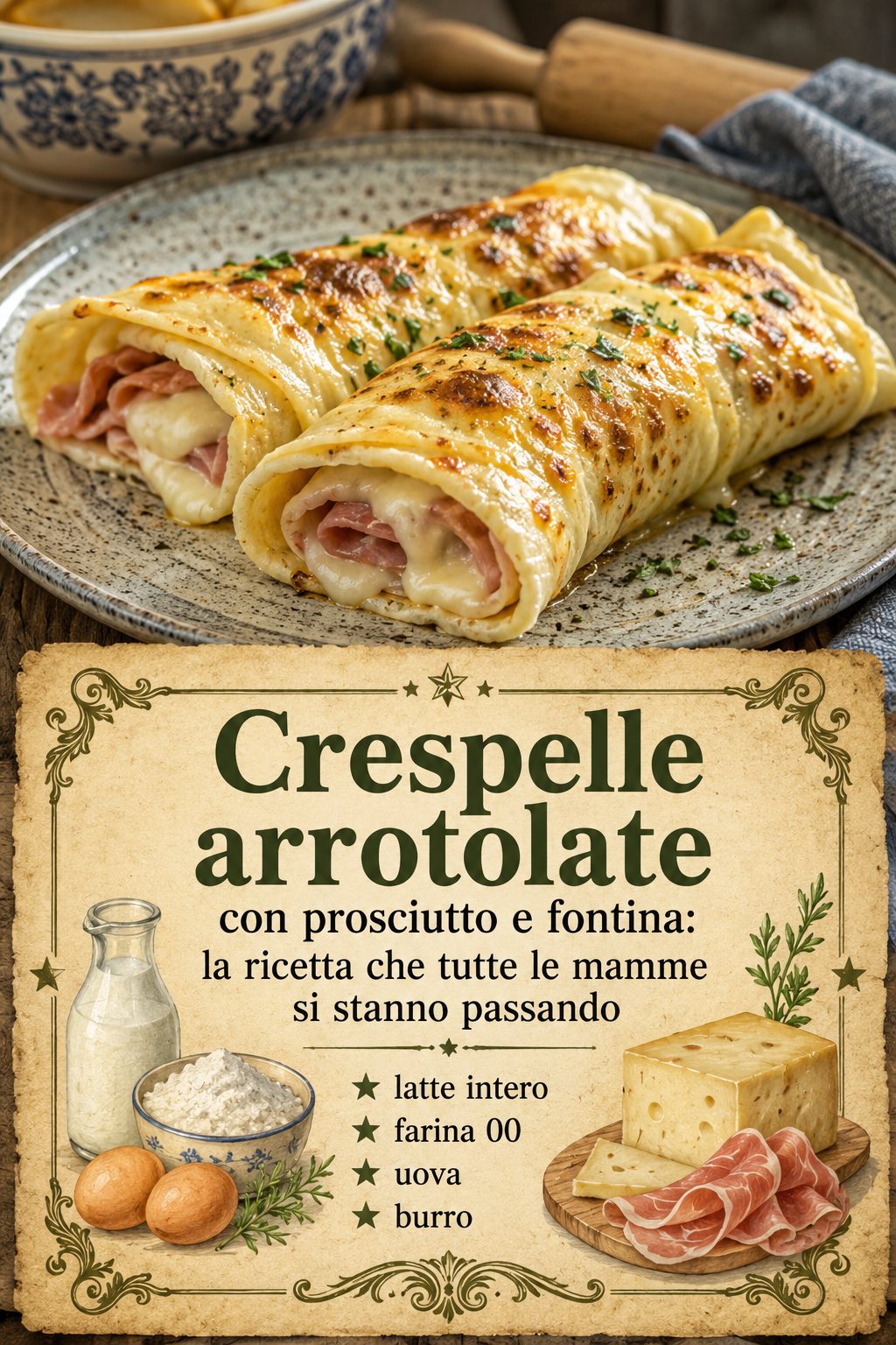 Crespelle arrotolate con prosciutto e fontina: la ricetta che tutte le mamme si stanno passando