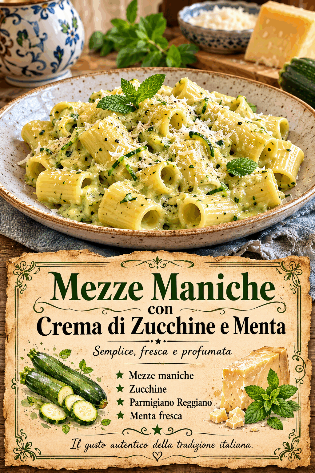 mezze maniche, zucchine, Parmigiano Reggiano, menta fresca