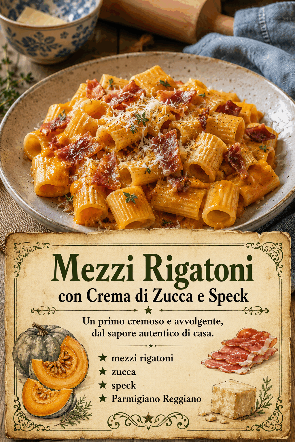 Mezzi Rigatoni con Crema di Zucca e Speck