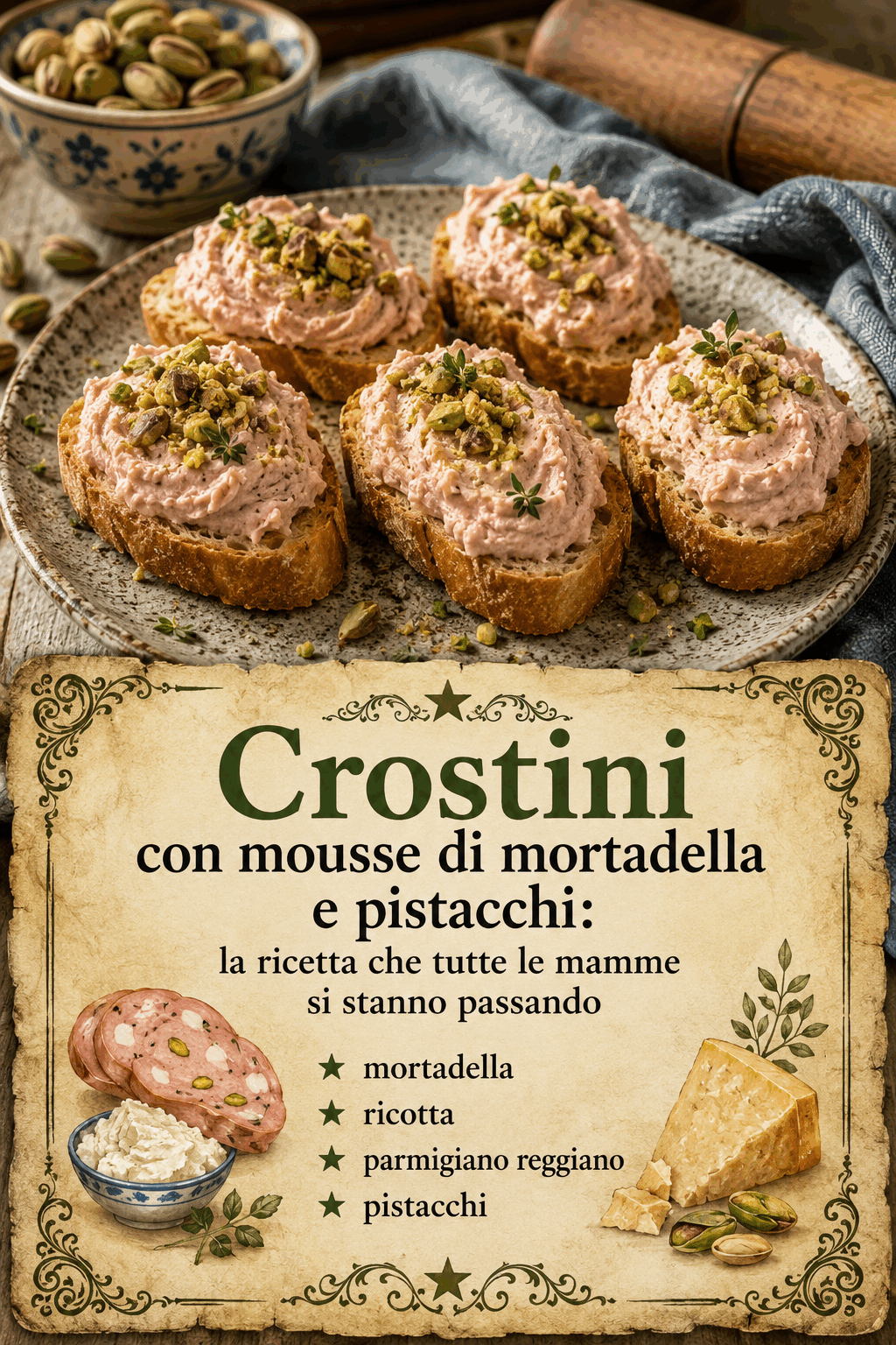 Crostini con mousse di mortadella e pistacchi: la ricetta che tutte le mamme si stanno passando