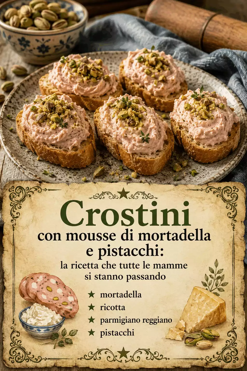 Crostini con mousse di mortadella e pistacchi: come ottenere una mousse liscia come in gastronomia