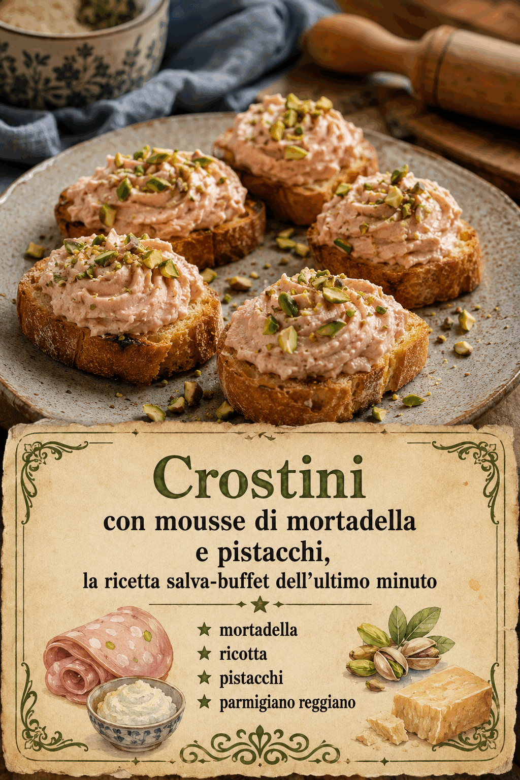 Crostini con mousse di mortadella e pistacchi in quindici minuti: la scaletta per l’ospite a sorpresa