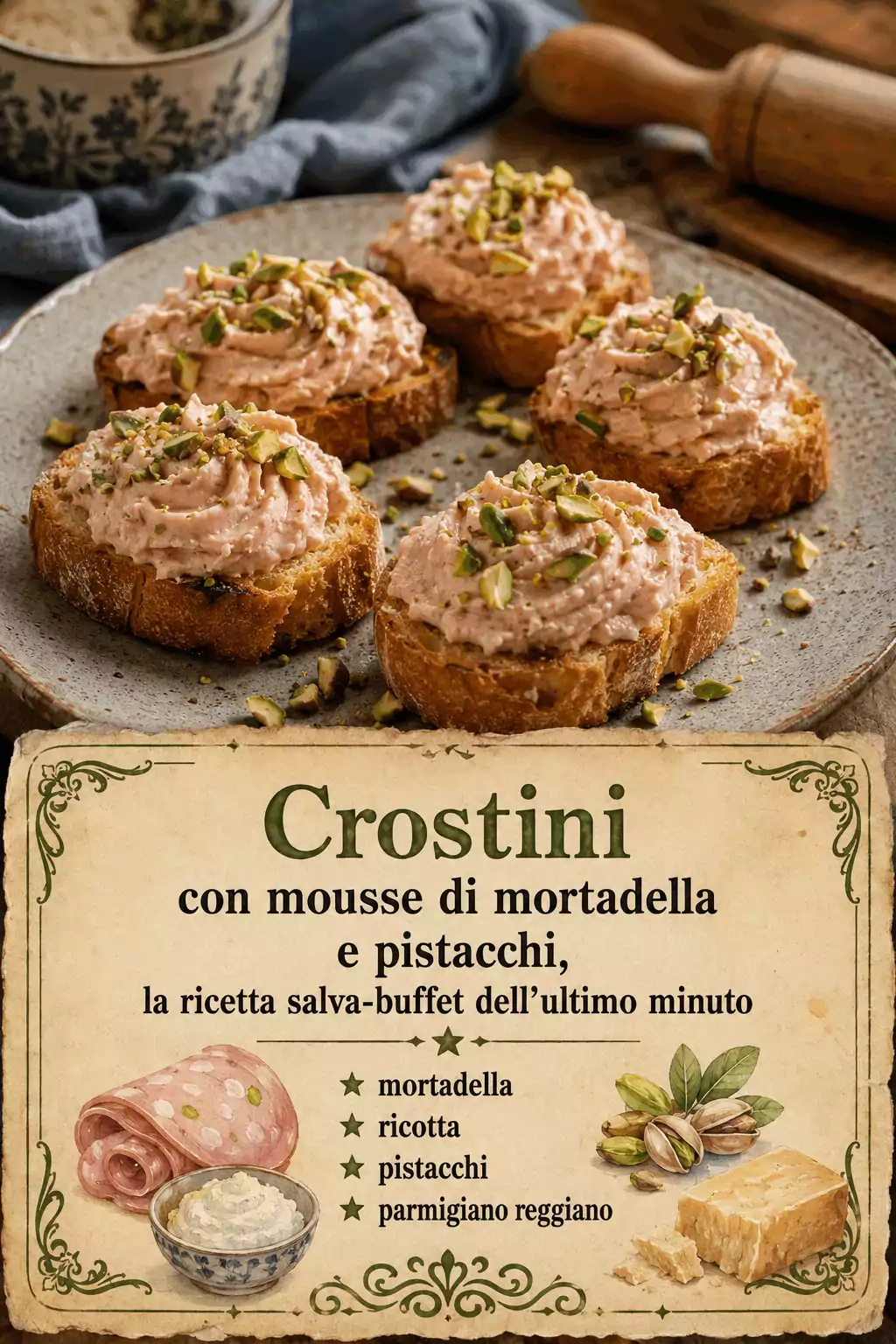 Crostini con mousse di mortadella e pistacchi in quindici minuti: la scaletta per l’ospite a sorpresa