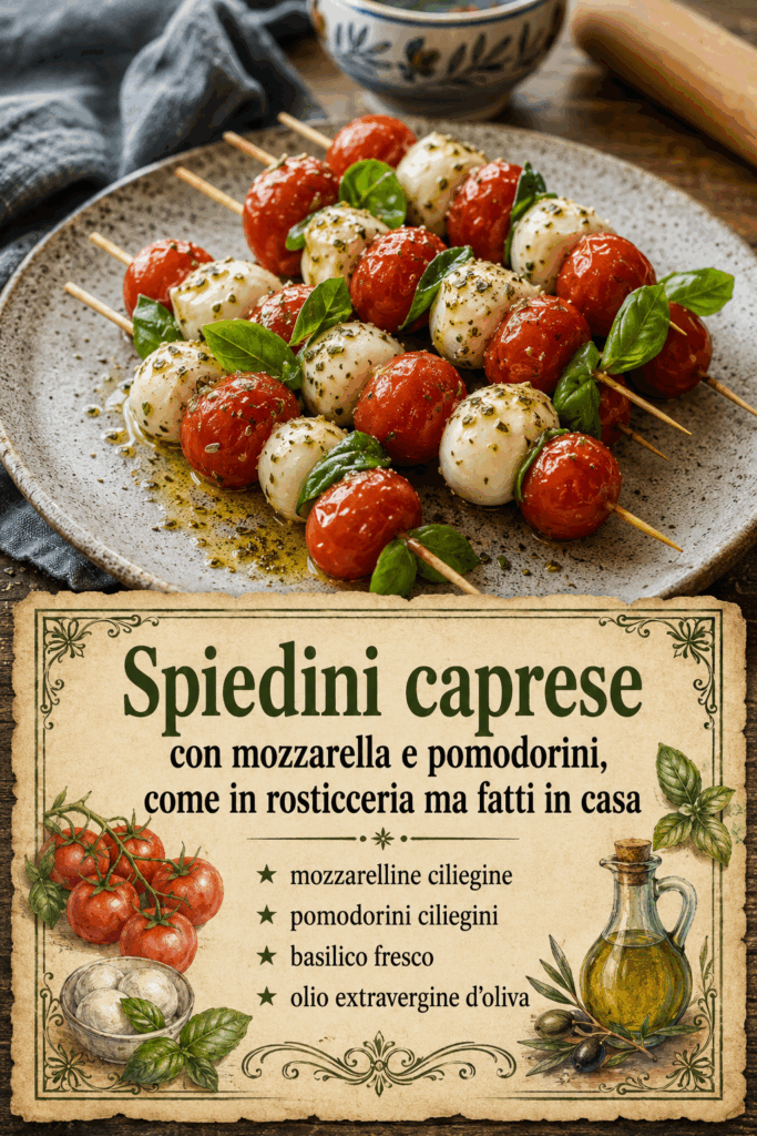 Spiedini caprese con mozzarella e pomodorini: i trucchi della rosticceria per farli tutti uguali
