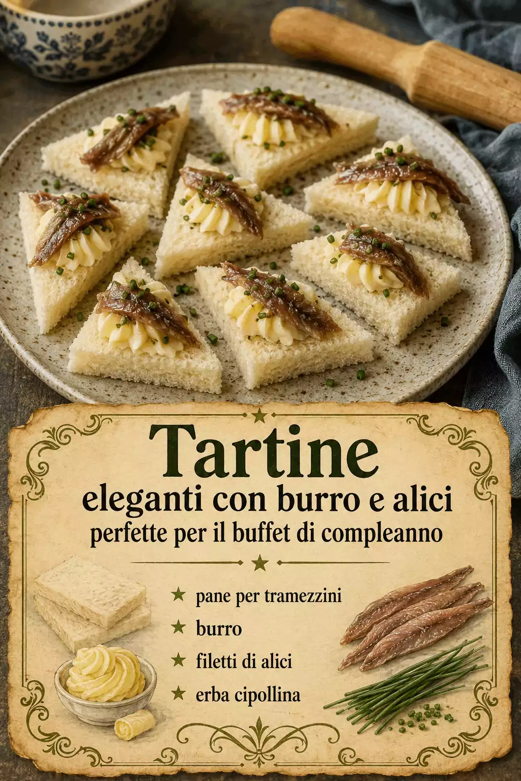 Tartine con burro e alici per il buffet di compleanno: quante farne e come disporle sul vassoio