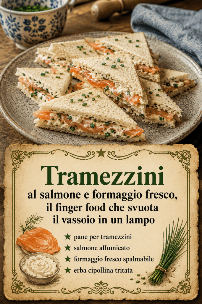 Tramezzini al salmone e formaggio fresco, il finger food che svuota il vassoio in un lampo