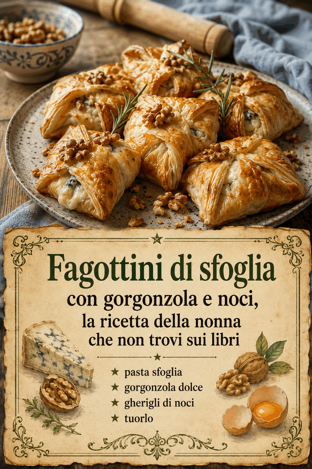 Fagottini di sfoglia con gorgonzola e noci, la ricetta della nonna che non trovi sui libri