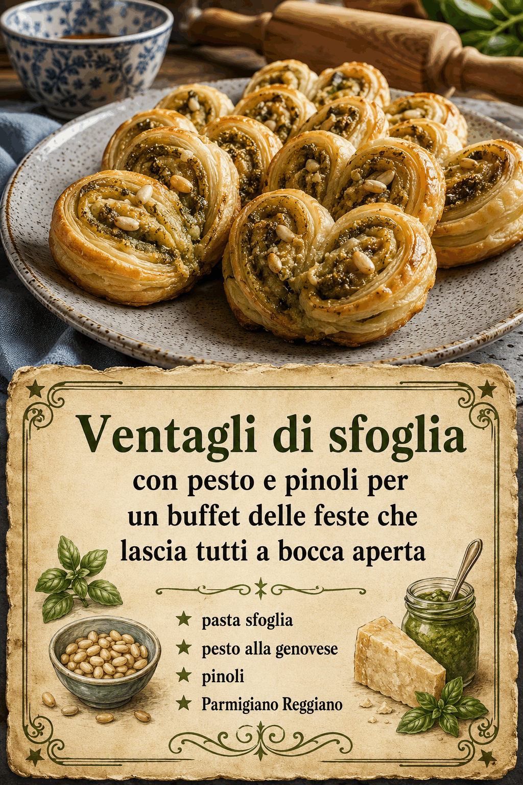 Ventagli di sfoglia con pesto e pinoli per un buffet delle feste che lascia tutti a bocca aperta