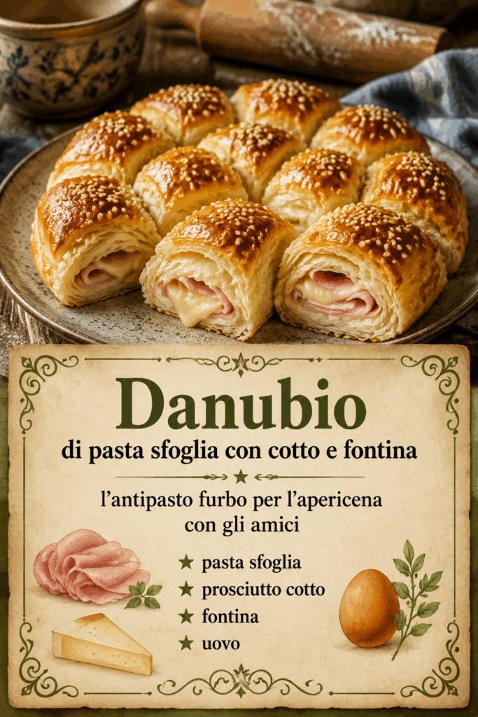 Danubio di pasta sfoglia con cotto e fontina, l’antipasto furbo per l’apericena con gli amici