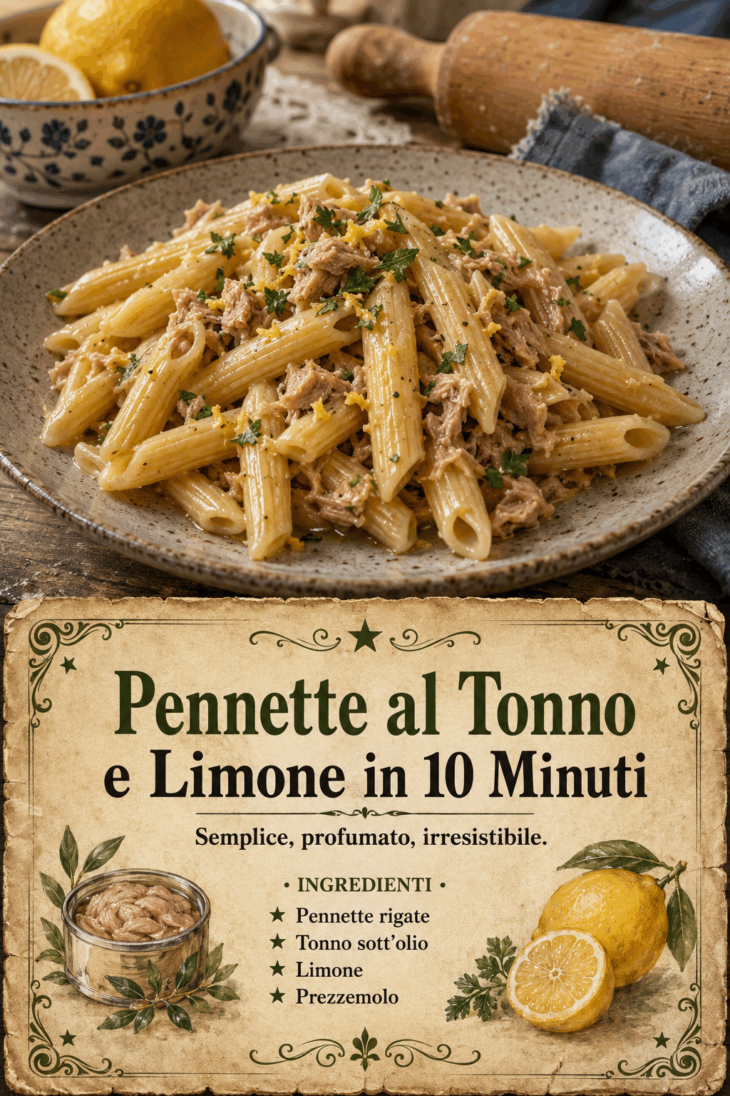pennette rigate, tonno sott’olio, limone, prezzemolo