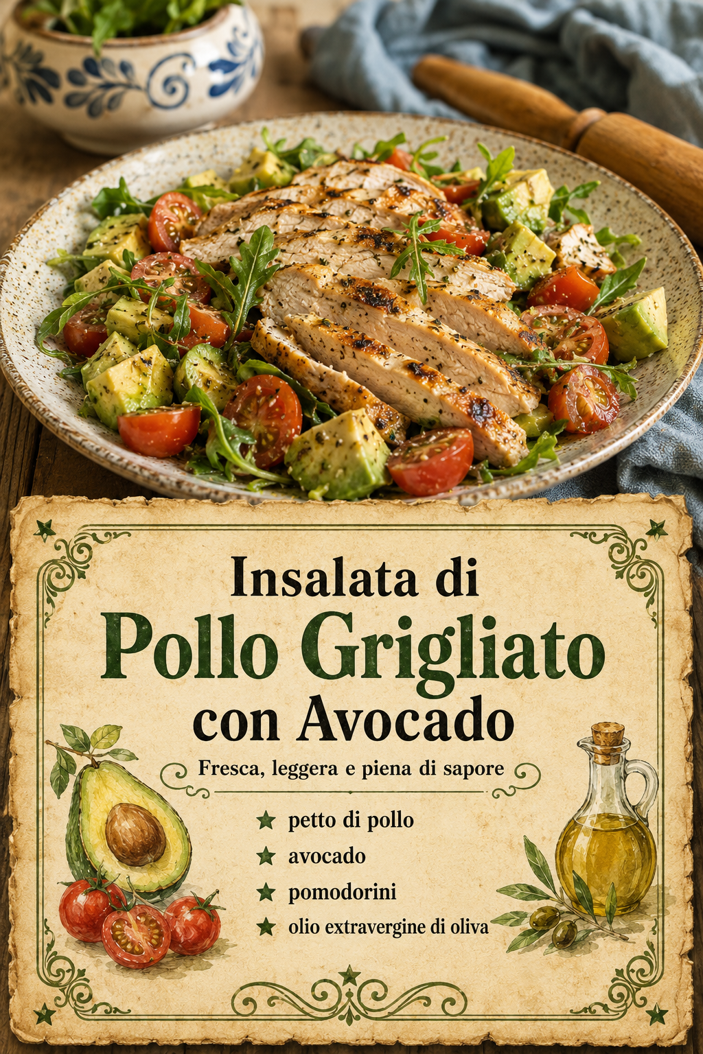- petto di pollo - avocado - pomodorini - olio extravergine di oliva