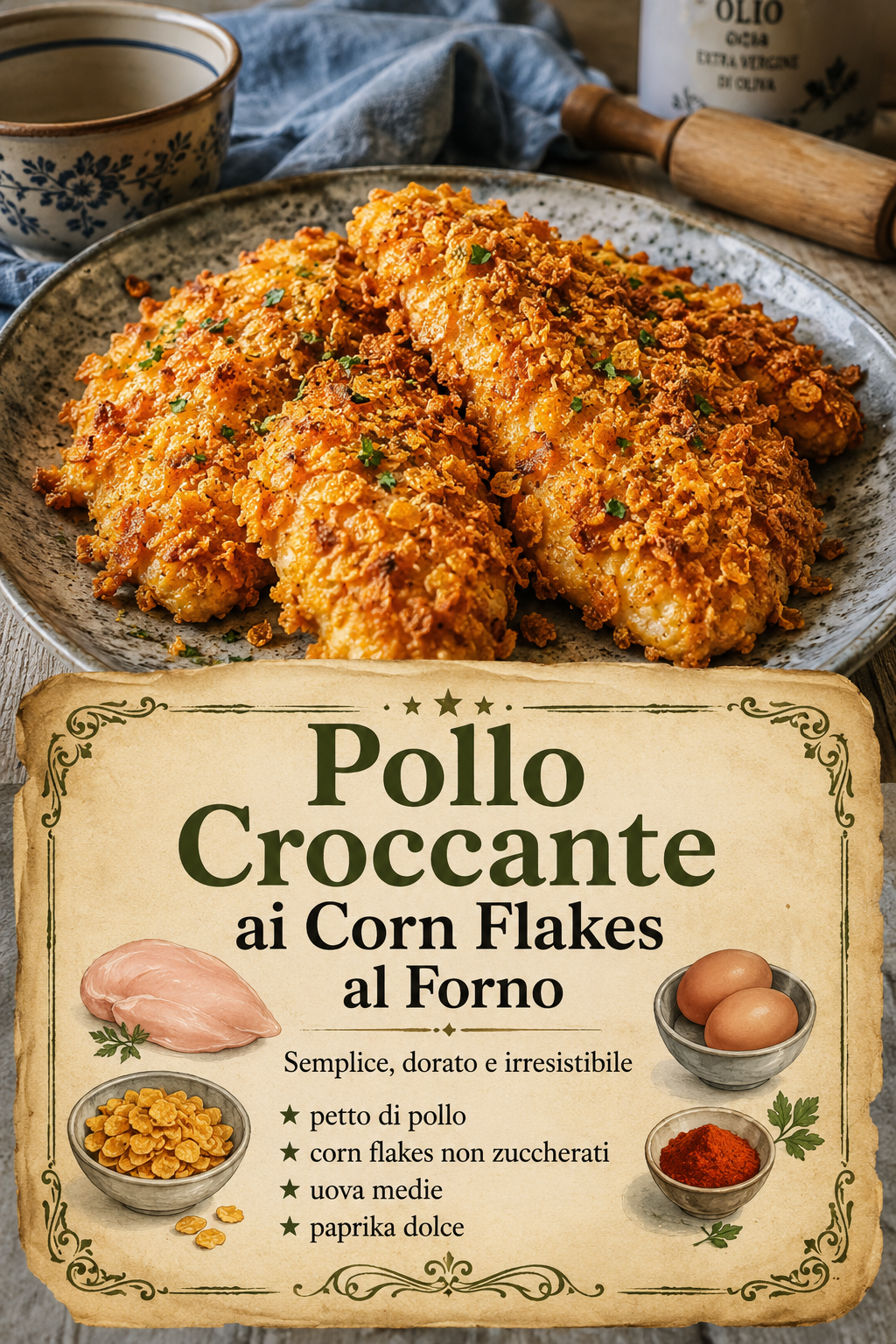 petto di pollo, corn flakes non zuccherati, uova medie, paprika dolce