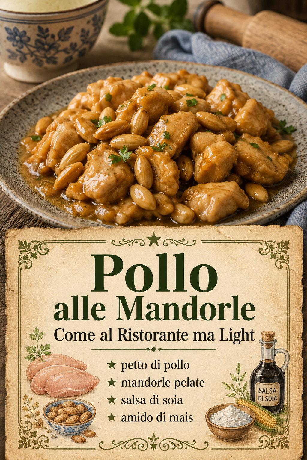 petto di pollo, mandorle pelate, salsa di soia, amido di mais