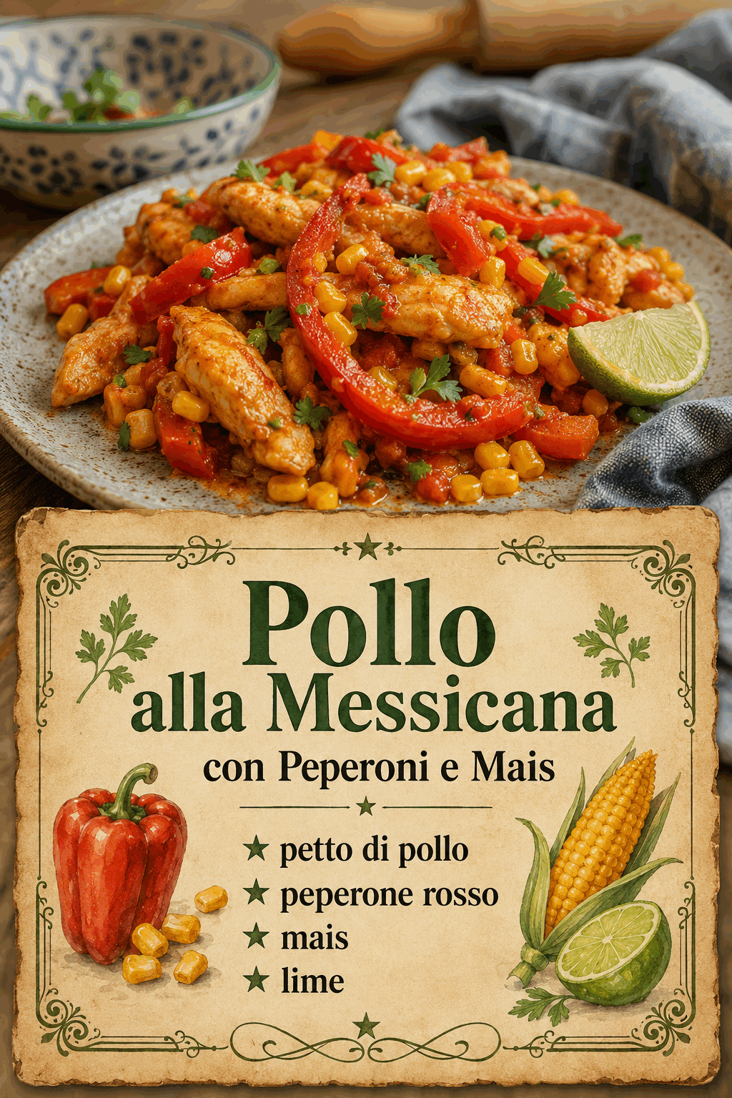 petto di pollo, peperone rosso, mais, lime