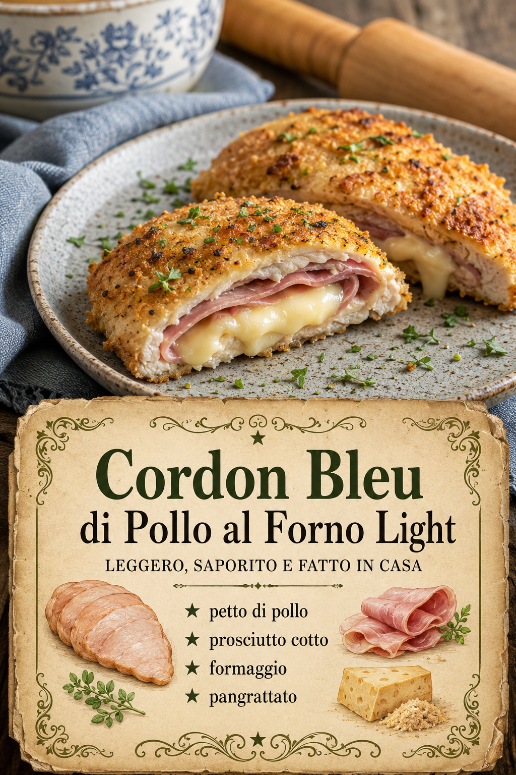 petto di pollo, prosciutto cotto, formaggio, pangrattato