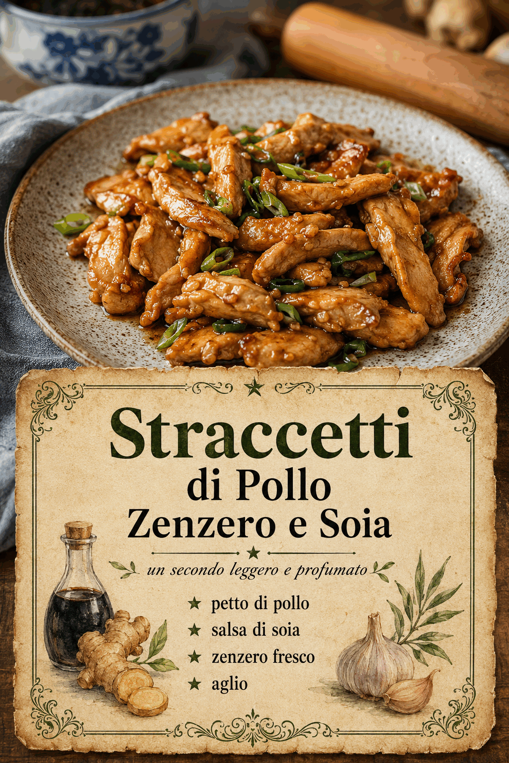 petto di pollo salsa di soia zenzero fresco aglio