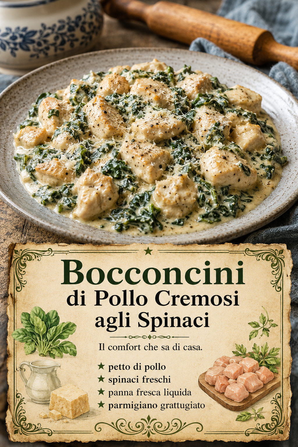 - petto di pollo - spinaci freschi - panna fresca liquida - parmigiano grattugiato