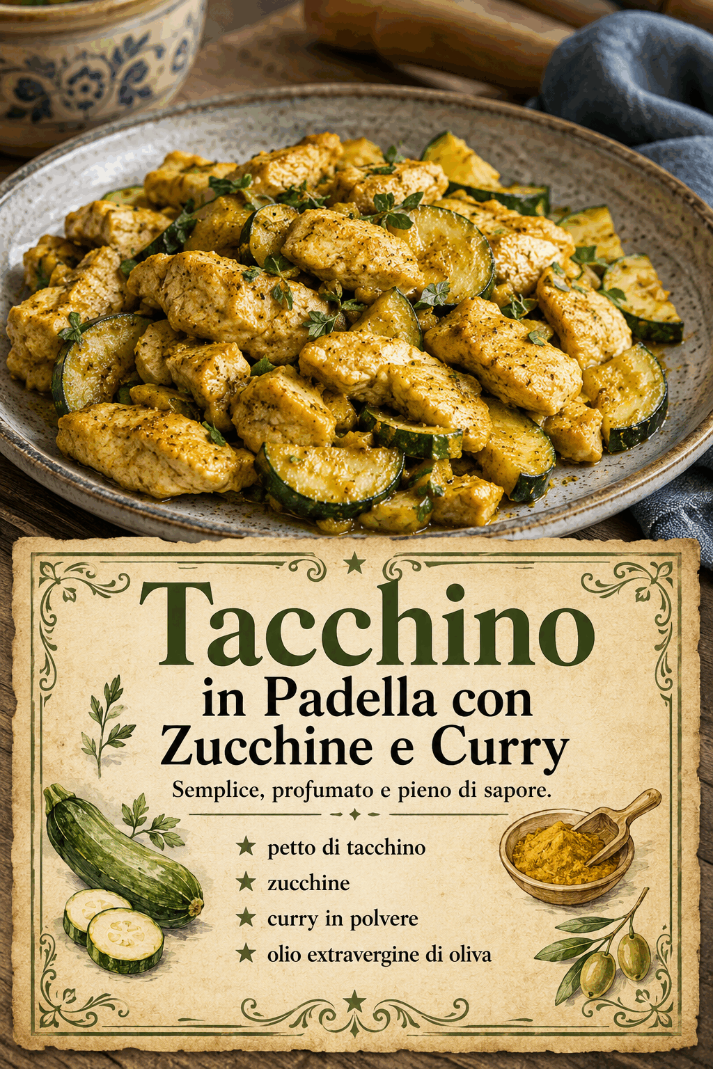 - petto di tacchino - zucchine - curry in polvere - olio extravergine di oliva