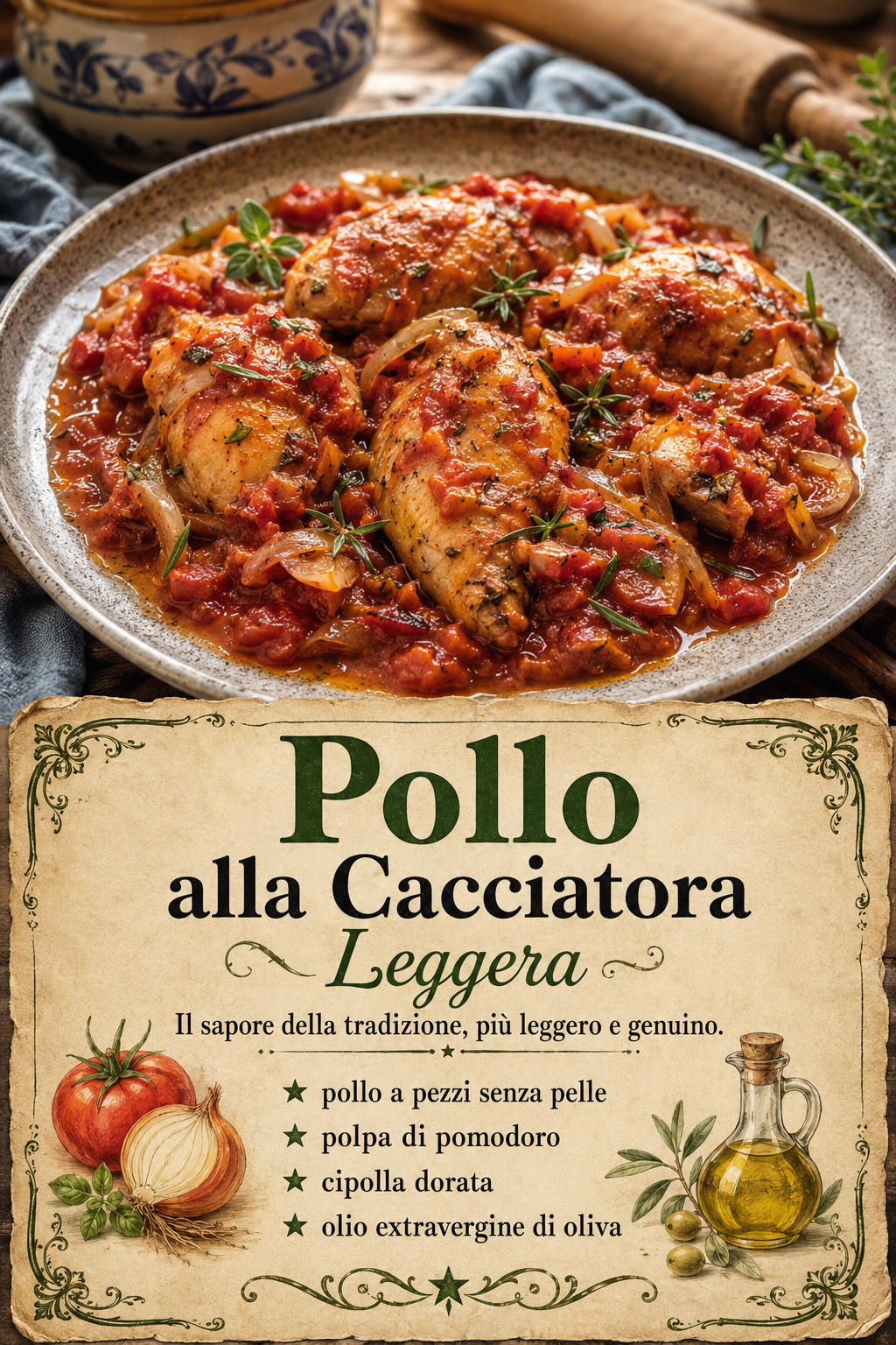 pollo a pezzi senza pelle polpa di pomodoro cipolla dorata olio extravergine di oliva