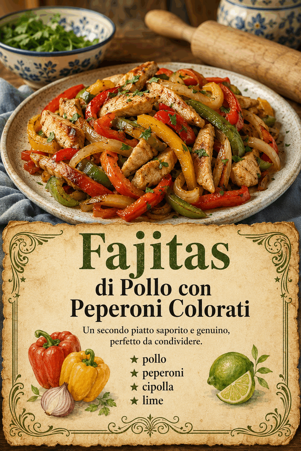 pollo, peperoni, cipolla, lime